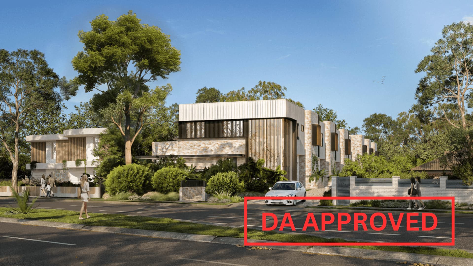 Architectural render of seven modern sandstone and brick townhouses on a leafy Caringbah street